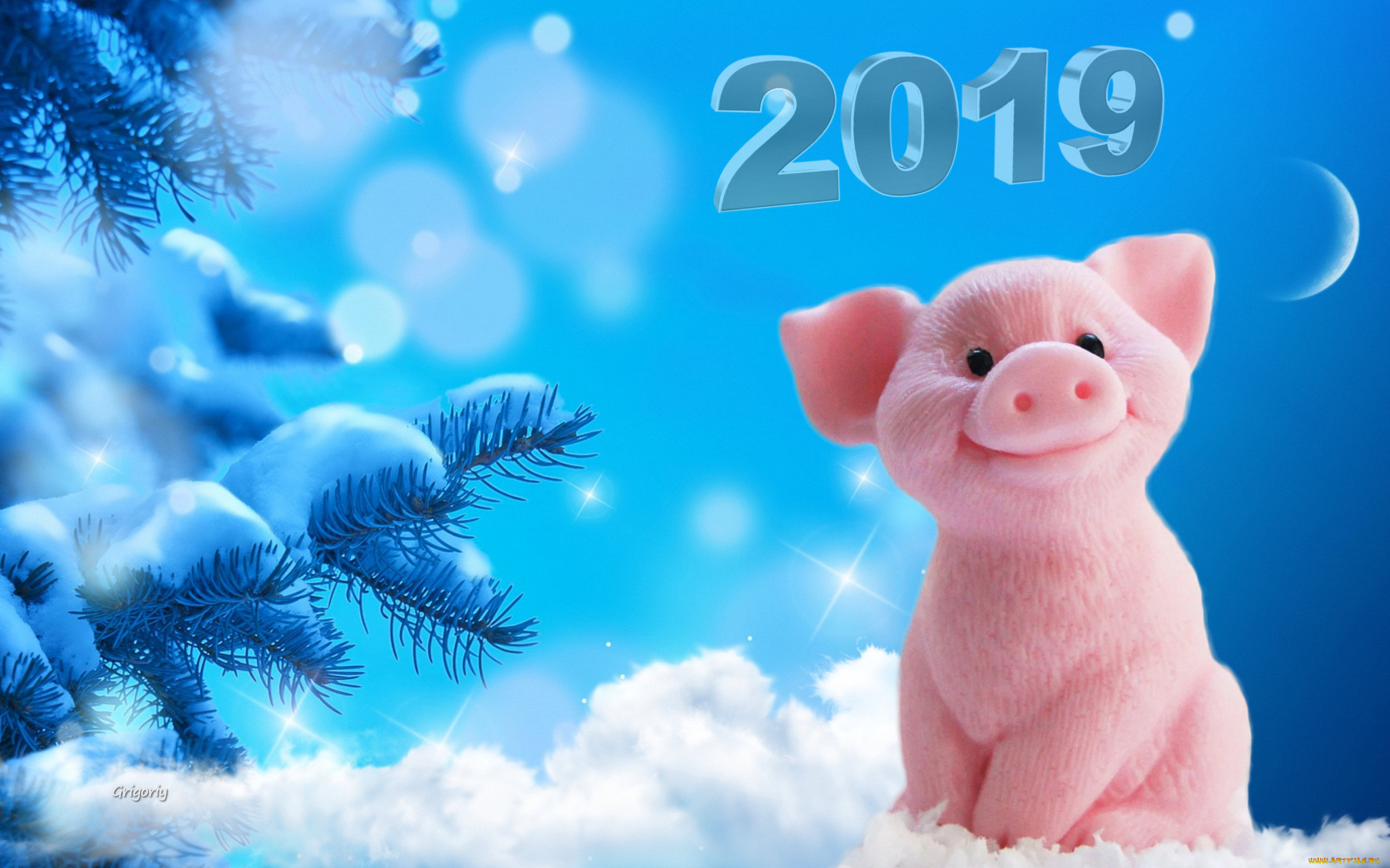 ...новый год, луна, ёлка, снег, снежинки, год, свиньи, новый, 2019.
